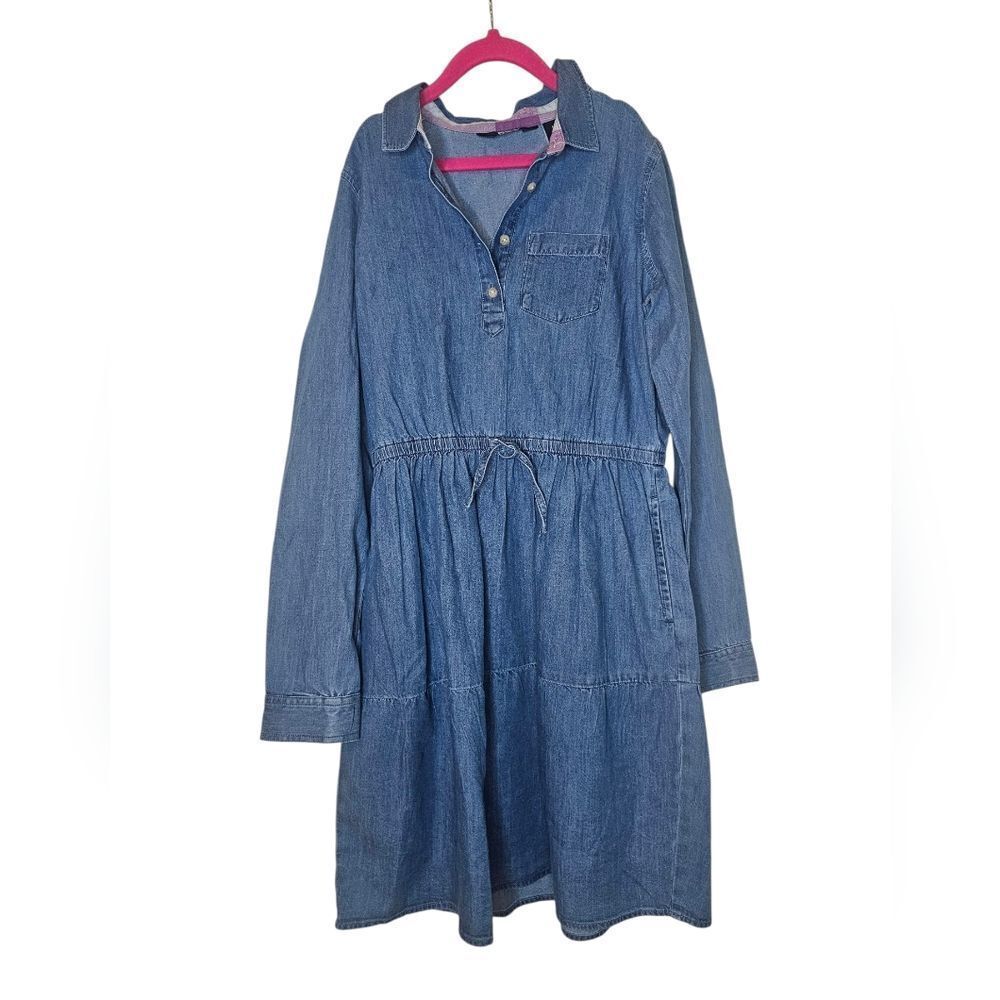 NWT LANDS' END Girls Long Sleeve Chambray Cotton Dress - Size Large (10-12)
